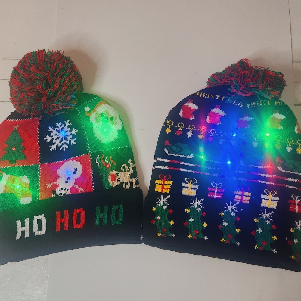 2 Christmas Holiday Lighted Beanie Caps  Black red green. Adult size